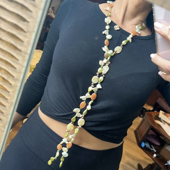 Pearl Necklace, Precious Stones & Genuine Pearls. Green, Amber, Tie Design. - Picture 3 of 9